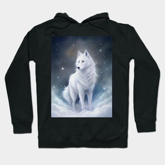 Funny White Wolf Hunting Ground, Winter Mountain Icy Moon, Forest, Galaxy Beautiful gifts Novelty Wild Animal landscape Fashion Watercolor Hoodie by sofiartmedia